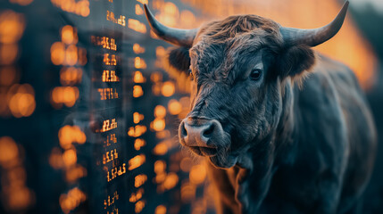 Wall Mural - Bullish market symbol with a bull for trading, stock market and cryptocurrency focus, blurred background.