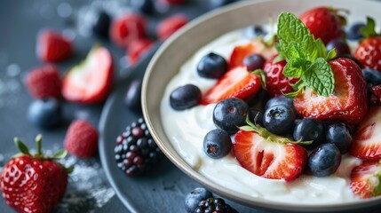 Canvas Print - Healthy breakfast with fresh berries and greek yogurt for a nutritious start