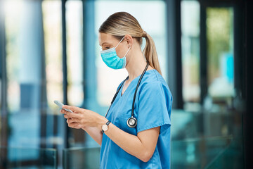 Poster - Tablet, mask and typing of nurse, clinic and online for telehealth, reading and internship for woman. Hospital, medical research and employee with stethoscope for healthcare, wellness and app