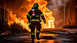 © Kim - A firefighter in protective gear is running towards an intense blaze, surrounded by smoke and flying sparks. The scene captures the urgency and danger of firefighting in an urban environment. ai