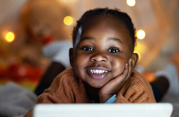 Canvas Print - Portrait, black girl and relax with tablet at night for streaming story online, watch movie and website for game in portrait. Smile, African and child with digital for cartoon subscription at house