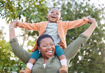 Sticker - Laugh, piggyback and mother with girl in park, happy and relax with childhood, bonding and having fun in nature or garden. Love, black woman and daughter with parent smile for carry in backyard