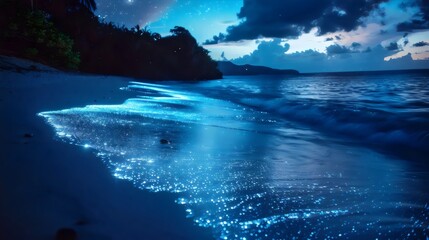  A beach at night with the water reflecting the stars