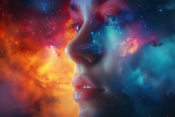 Wall Mural - Surreal portrait of a woman's face blending with the universe, symbolizing the connection between human beauty and the vast cosmos