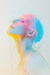 Leinwandbilder - Futuristic portrait of a woman with glowing neon lines, showcasing a blend of digital art and modern creativity in a vibrant and ethereal style
