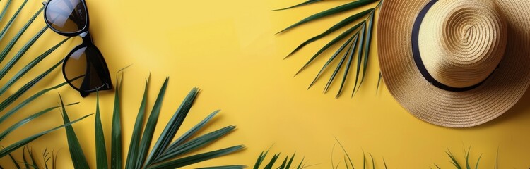 Poster - Straw Hat and Sunglasses on Yellow Background With Palm Leaves