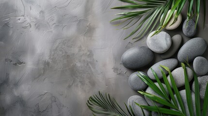 Wall Mural - A grey background with a bunch of rocks and green leaves. The leaves are arranged in a way that they form a circle around the rocks