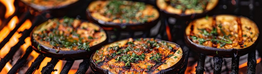 Sticker - A plate of grilled eggplant with parsley on top. The eggplant is cooked and has a charred flavor