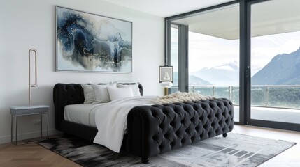 Wall Mural - A stylish bedroom with a black upholstered bed