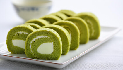 Japanese matcha roll cake on white stone table. Sweet food. Tasty dessert. Cooking concept. Close-up