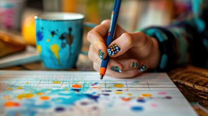 Wall Mural - A person is writing on a piece of paper with a pen while a cup of coffee is on the table. Concept of focus and productivity, as the person is working on a task while enjoying a hot beverage