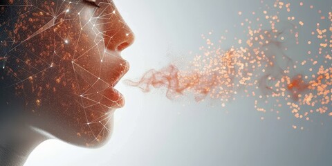 Leinwandbilder - Abstract digital representation of a human exhaling particles, showcasing futuristic concepts of data flow and virtual interaction