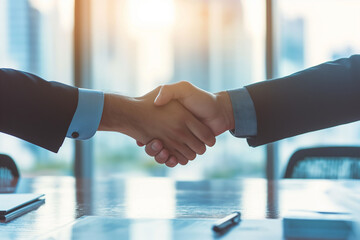 Businessmen shake hands over an office table in a closeup shot