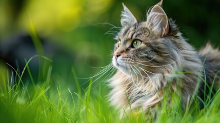 Wall Mural - Elegant Siberian cat with long fur in outdoor setting gazes at green grass