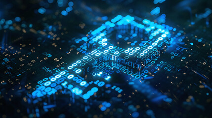 A digital key consisting of a glowing binary code symbolizing cybersecurity and encryption in the virtual world.