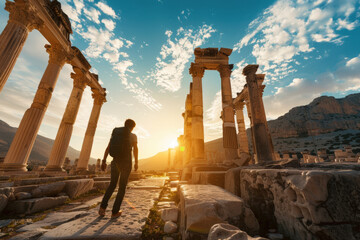 Exploring ancient ruins at sunset, a traveler with a backpack marvels at history and culture in a dramatic scene of golden hues