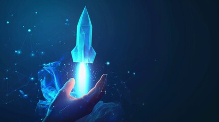 A futuristic digital illustration of a blue holographic rocket launching from a hand, symbolizing innovation and technological advancement.