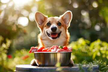 Wall Mural - A Pembroke Welsh Corgi in a garden holding a bowl of fresh dog food with meat and vegetables