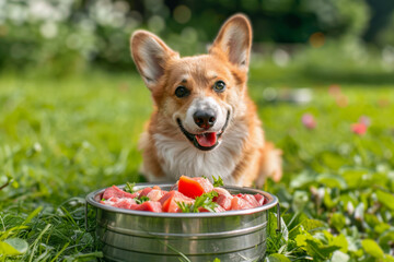 Wall Mural - Smiling Pembroke Corgi laying on grass with a bowl of fresh meat and vegetables