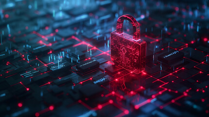 Cyber attack concept with binary code and digital padlock on dark background