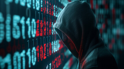 Cyber crime concept with anonymous hacker face in hood and binary code