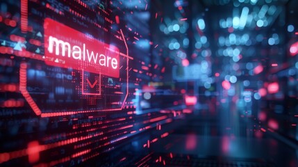 Abstract futuristic background featuring a malware alert warning. Digital cyberspace concept with glowing code and virtual data.