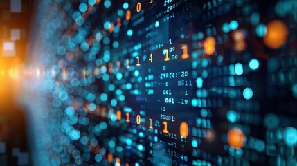 Glowing binary code on dark blue background with soft orange light on left