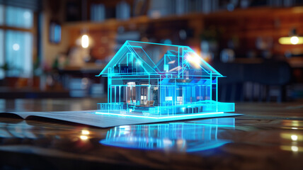 Neon projection of a house on a table