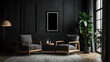 © Emongrapic - Empty frame poster mockup in a minimalist interior dark  living room with armchairs and potted plants
