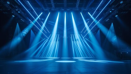 illuminated stage with dramatic blue lighting and spotlights, ideal for performances or events