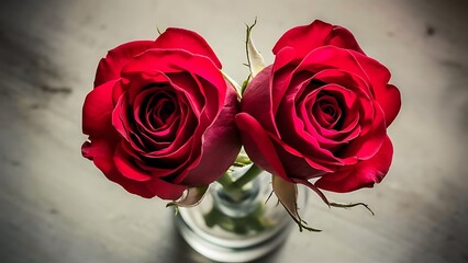 Two rose fresh flowers on table from above close up