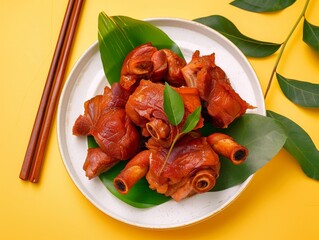 Canvas Print - Cooked pork knuckles on plate with green leaves.