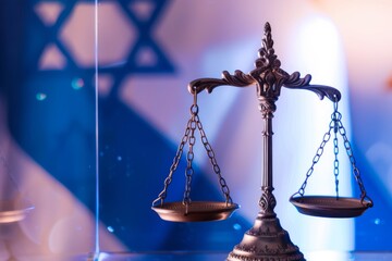 Wall Mural - bronze balance scale against a blurred blue and purple background with star of david.