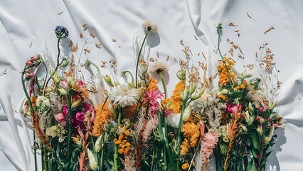 Beautiful fresh and dry flowers on white background flat lay