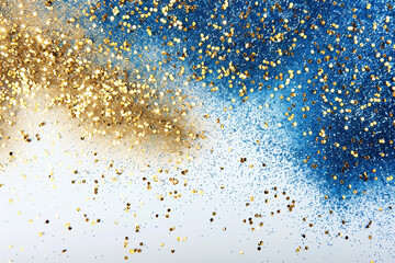 Blue and gold glitter particles scattered against a white background, creating a festive and celebratory scene, perfect for holiday decorations and special event invitations.