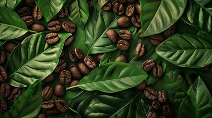 Wall Mural - Close up of coffee bean background with leaves, top view. Photorealistic high resolution macro photography for advertising or food design. 