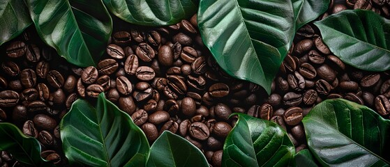 Wall Mural - Close up of coffee bean background with leaves, top view. Photorealistic high resolution macro photography for advertising or food design. 