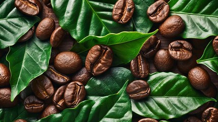 Wall Mural - Close up of coffee bean background with leaves, top view. Photorealistic high resolution macro photography for advertising or food design. 