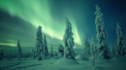 The aurora borealis lights up the night sky over a snowy forest.