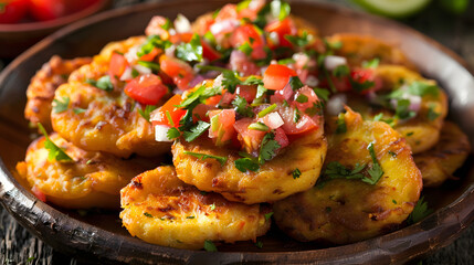 A favored dish in Latin American cuisine, tostones adorned with fresh tomato salsa, presented on a wooden table, ideal for culinary themes and Hispanic heritage events.