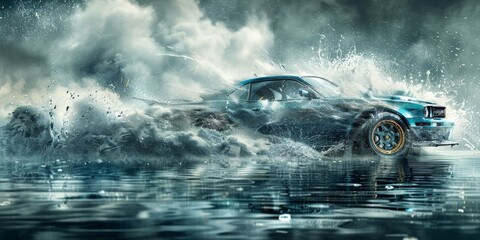 Poster - Sleek electric car emerging from the fog, showcasing modern design and innovative technology in a dynamic and stylish urban environment