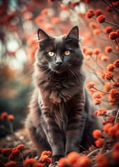 Wall Mural - a grey graceful cat in a floral red background