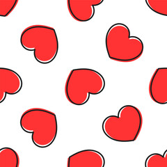 Poster - Red hearts with black outline on white background. Vector seamless pattern. Best for textile, wallpapers, wrapping paper, package and St. Valentine's Day decoration.