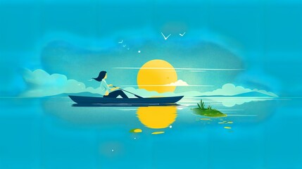 A stunning minimalist illustration featuring a woman rowing a boat in a vibrant blue sky, surrounded by a few simple elements and small islands.