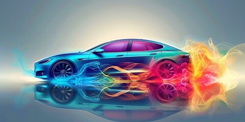 Poster - Colorful abstract depiction of a modern electric car with vibrant neon lines, showcasing dynamic motion and futuristic automotive design