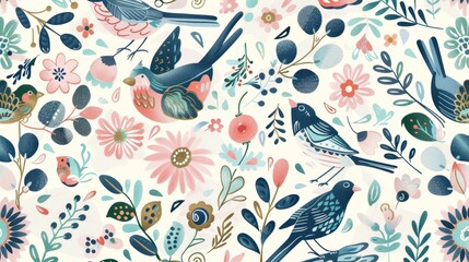 Wall Mural - Birds and Flowers Seamless Pattern.