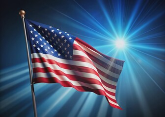 Wall Mural - Vibrant American flag, illuminated by a radiant beam of light, proudly waves against a dark blue background, featuring a large clear copy space on the right side.