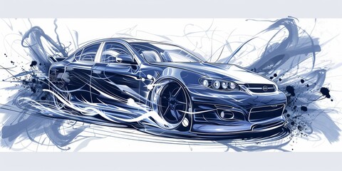 Poster - Abstract illustration of a modern blue car with dynamic lines and artistic design, capturing the energy and creativity of contemporary automotive art