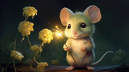 Wall Mural - A cute mouse holding up an empty flower stem 