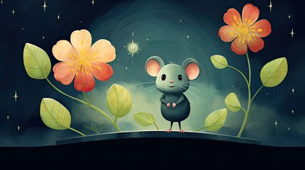 Canvas Print - A cute mouse holding up an enormous flower 